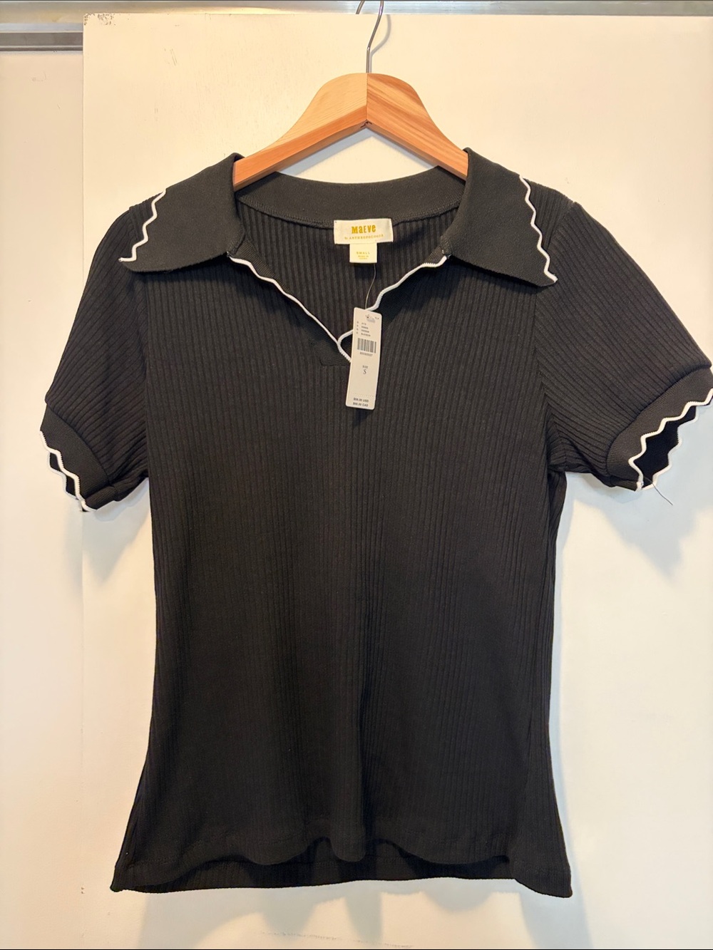 Maeve by Anthropologie Black Ribbed Polo Top with White Trim